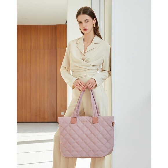 Prite Women Pink Polyester Compartment Quilted Puffer Shoulder Tote Work Bag - Picture 7 of 7